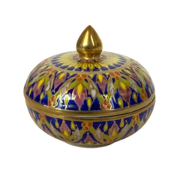 Thai Benjarong Porcelain Bowl Trinket Dish with Lid Hand Painted Blue Gold - Picture 1 of 6